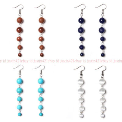 6-8-10mm Natural Multicolor Gemstone Round Beads Dangle Silver Hook Long Earring