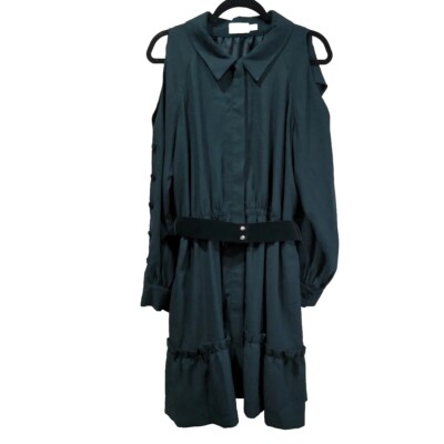 Eliza J Womens Button Up Cold Shoulder Velvet Belted Dress Size 14 Green  Holiday | eBay