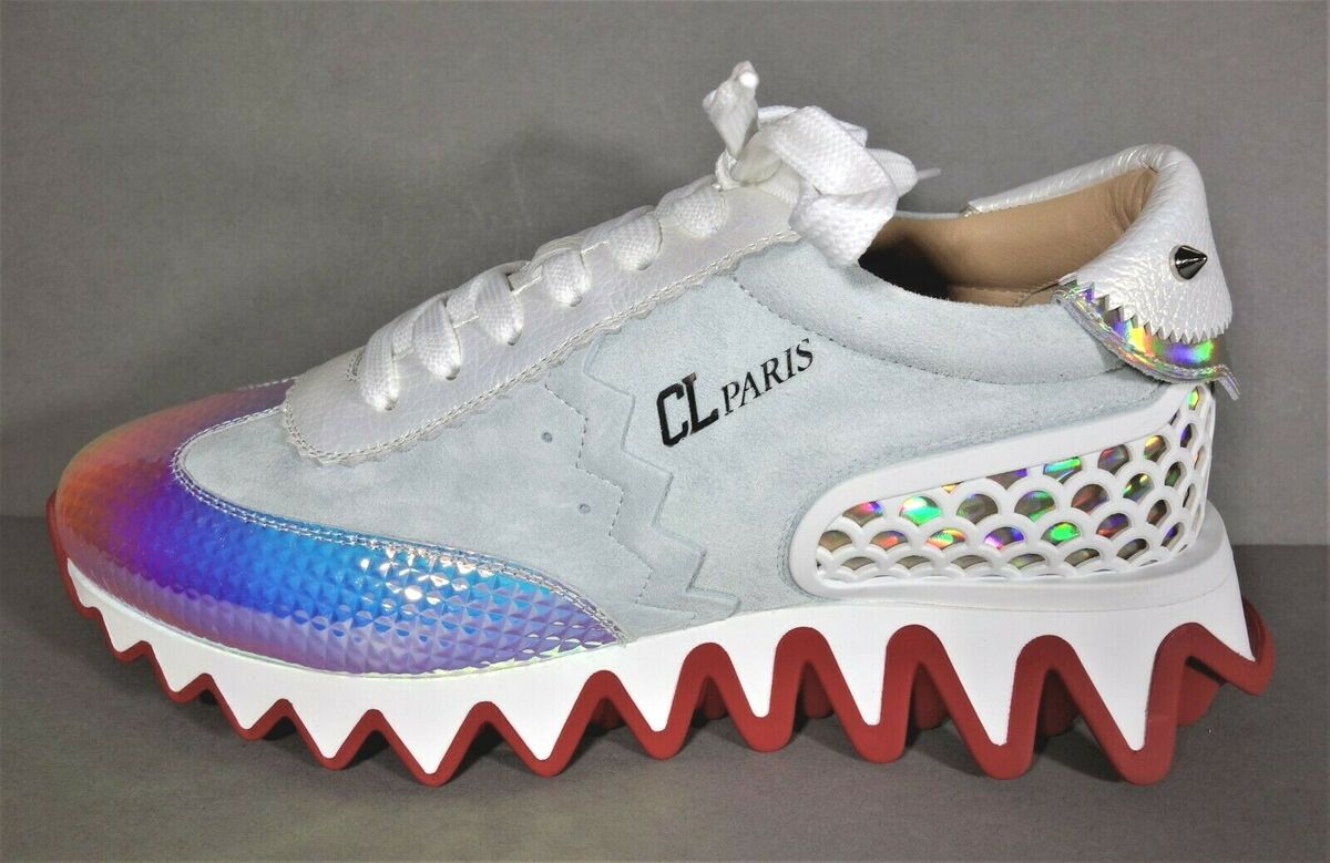 LOUBOUTIN 37 LOUBISHARK DONNA FLAT White Silver Lace Up Low LOUBOUTIN 37 LOUBISHARK DONNA FLAT White Silver Lace Up Low