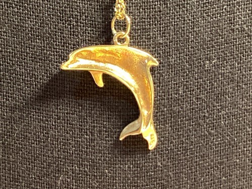 14k Yellow Gold Leaping Dolphin Necklace Pendant 1.5” on 18" Gold Chain - Picture 4 of 8