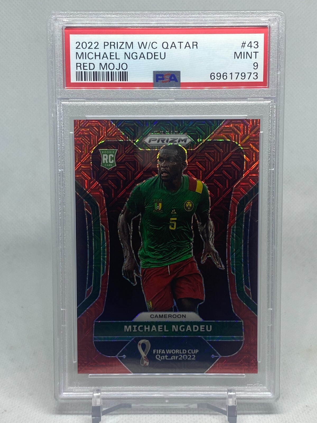 2022 Panini Prizm World Cup Michael Ngadeu RC Red Mojo /99 Cameroon #43 PSA 9
