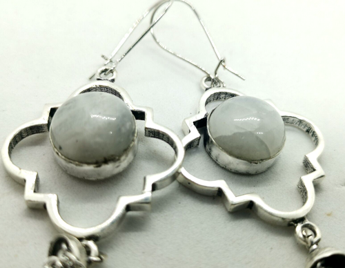 Natural White Moonstone Silver Gothic Chain Dangles Earrings (551H) - Picture 9 of 9