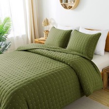 Green King Size Quilt Bedding Sets with Pillow Shams, Dark Sage Olive Lightwe...