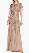 Adrianna Papell Beaded Godet Trumpet Gown in Rose Gold Size 4 NWT