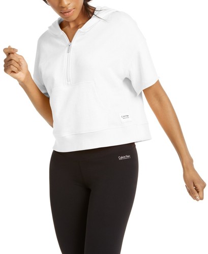 Calvin Klein Womens White Short Sleeve Zip Neck Hoodie Sweater Size: M