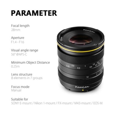 Kamlan 28mm F1.4 APS-C Camera Lens Wide Angle Large Aperture Canon Fuji Sony M43