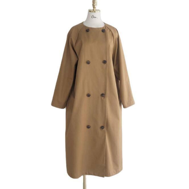 Womens 2021 Chic Round Neck Double Breast Loose Trench Coat Womens 2021 Chic Round Neck Double Breast Loose Trench Coat