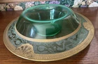 Vintage 13” Green Depression Uranium Glass Rolled Edge Bowl Gold Rim Etched VGC