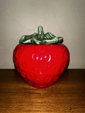 Strawberry Shaped Cookie Jar 7" w/ Stem Lid Red Ceramic Vintage Garanti Cottage