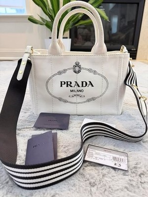 PRADA Canapa Small Canvas Tote Bag 1BG439 Bianco Nero White Black Strap Auth