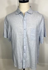 Saks Fifth Avenue Shirt Men XL Light Blue Linen Blend Button Up Short Sleeve
