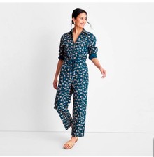 Floral Collared Long Sleeve Jumpsuit Blue Pink Drawstring Waist Pockets Women