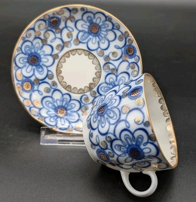 Lomonosov Porzellan Winding Twig Tasse Untertasse Kaffee Mokka Gedeck Gold Blau - Bild 1 von 4