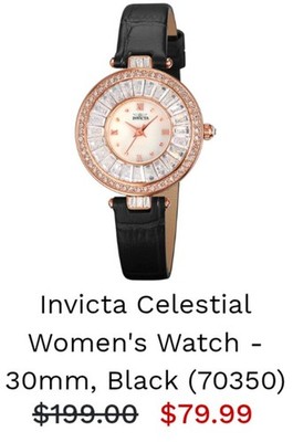 Invicta Celestial Women s 30mm Rose gold Case/Dial Black Gen. Leather Band 70350