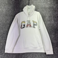 Gap Hoodie Mens 2XL White Fleece Pullover Gap Logo Graphic Kangaroo Pocket City