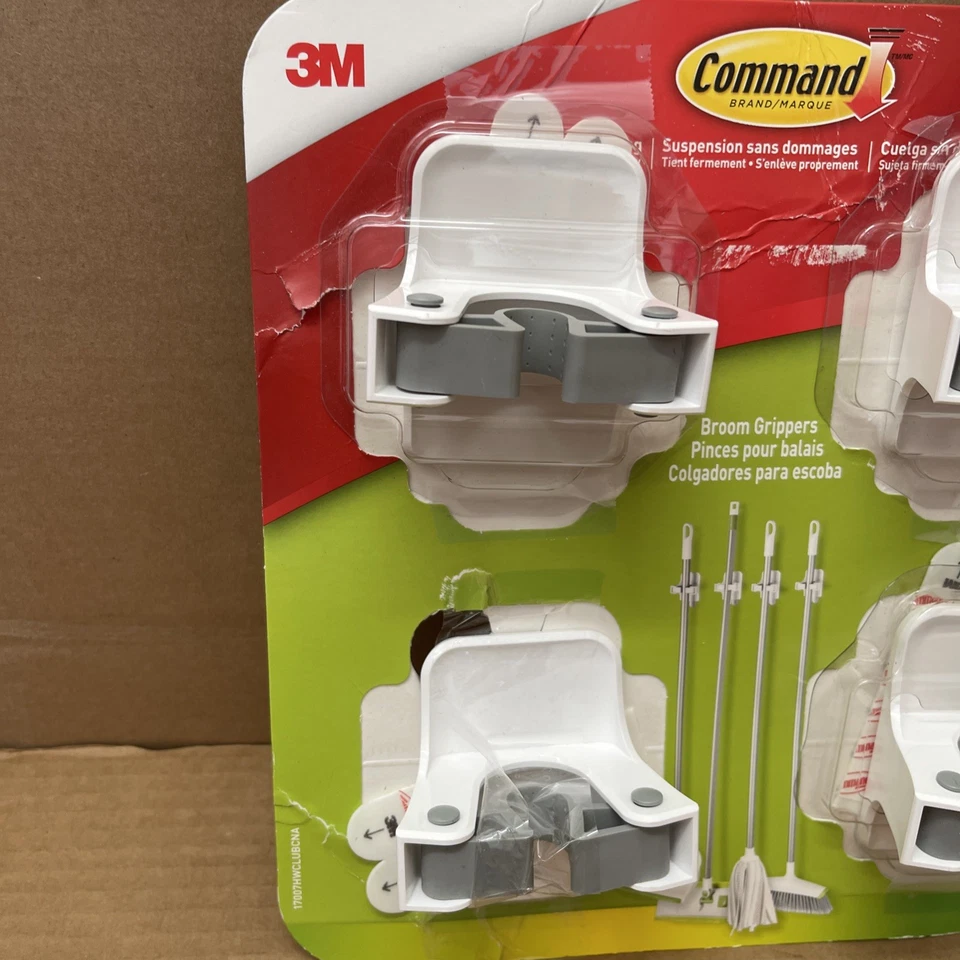 3M Command Adhesive Wall Mounted White Gray Broom Mop Grippers 4 Pack - Image 2 of 4