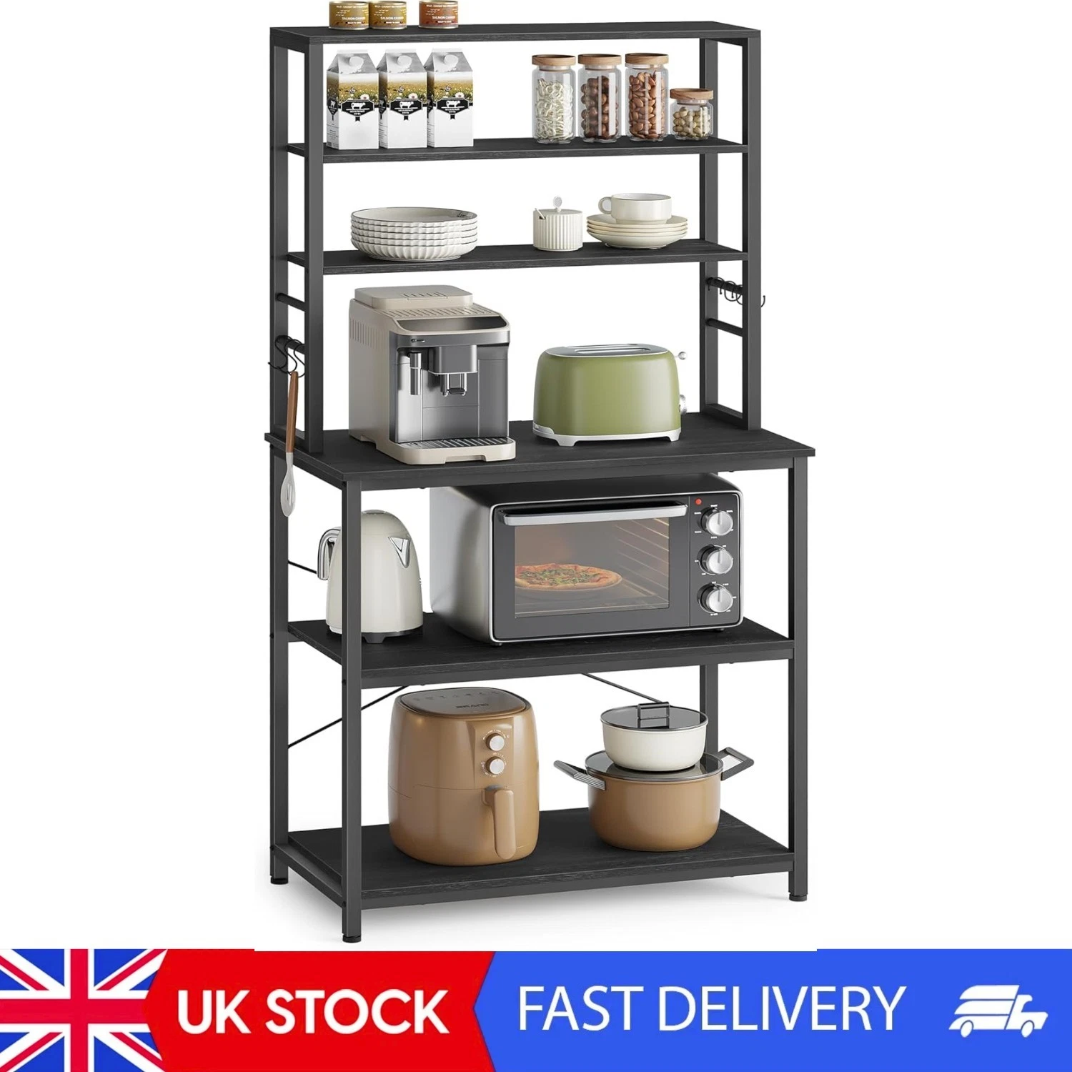 Kitchen Storage Rack, Coffee Bar, Baker'S Rack, Total 6 Shelves And 6 Hooks, For
