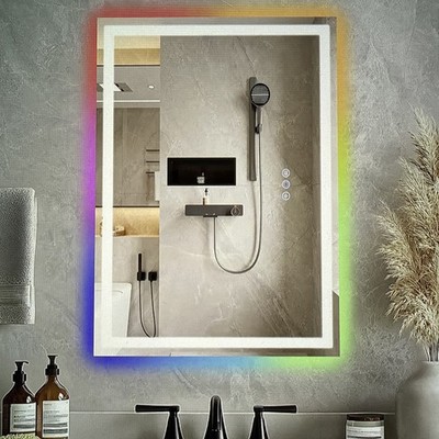30x22  RGB LED Bathroom Mirror, Anti Fog, Adjustable Brightness, Waterproof