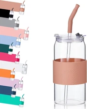 Glass Tumbler with 3 IN 1 Lids and Glass Straws(Extra Silicone Tips), Silicone P