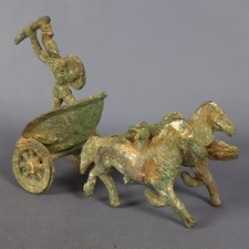 Antica Scultura Bronzo Guerriero Romano Biga Cavalli Patina Verde Inizio '900