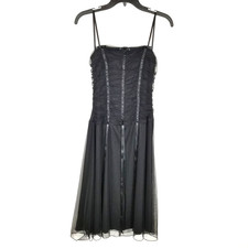 B.Smart Women Satin Mesh Drapped Dress Y2K Sz 7/8 Black Midi Spaghetti Straps