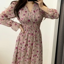 Women's Pink Floral Maxi Dress V-Neck Smocked Waist Boho Flowy Chiffon Cotton