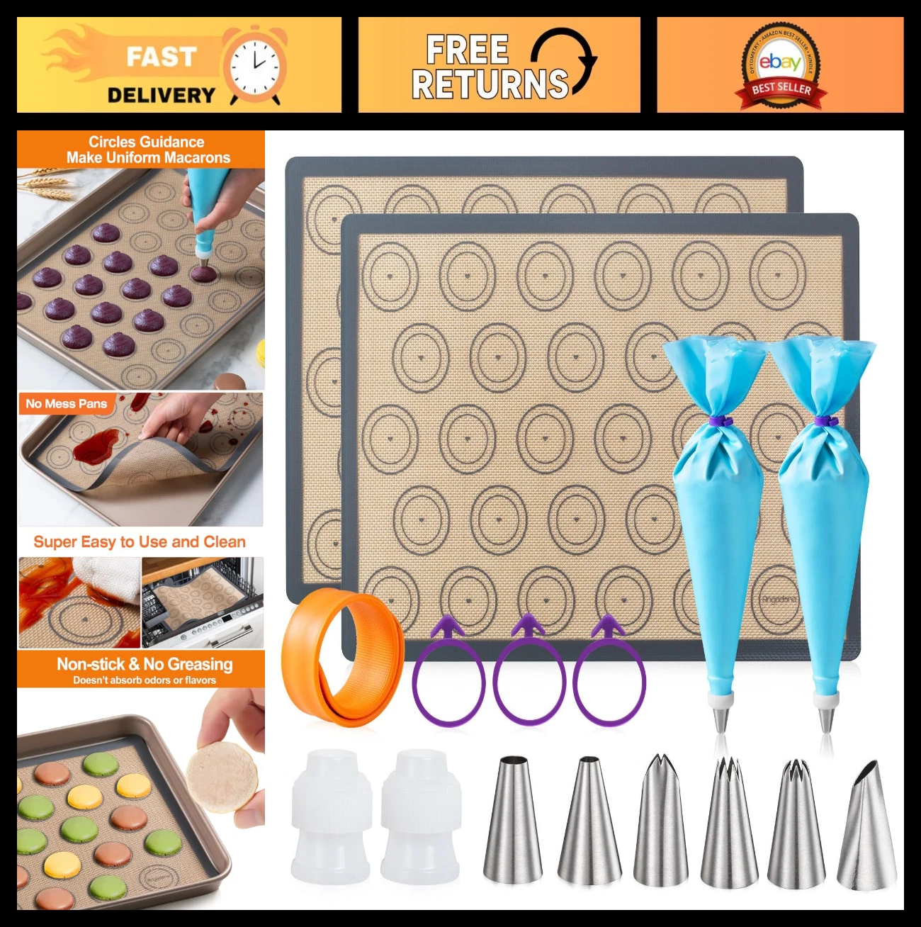 16-Piece Macaron Silicone Baking Mats Set - Nonstick Half Sheet, Piping Tips & B