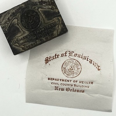 Letter Press print Block Louisiana Health Dep Nola VTG Seal 2 X 1  1/2inch