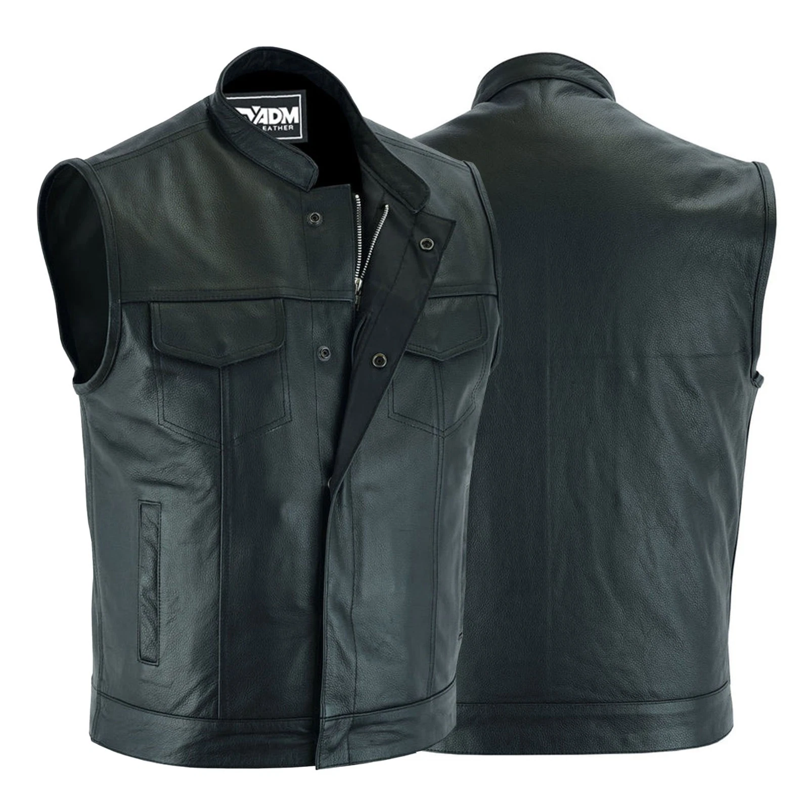 Men's Black Leather Vest Concealed Snap Zipper Front Mandarin Collar Biker Vest