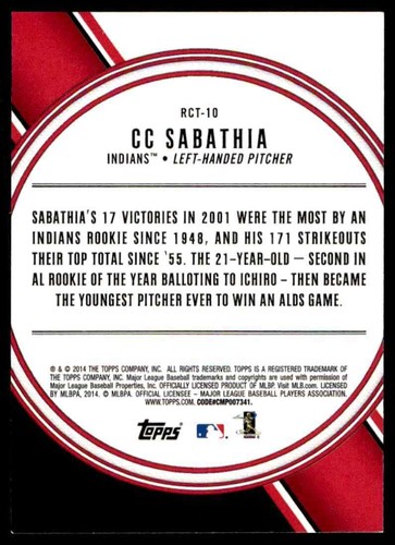 2014 Topps All Rookie Cup CC Sabathia Cleveland Indians #RCT-10 - Picture 2 of 2