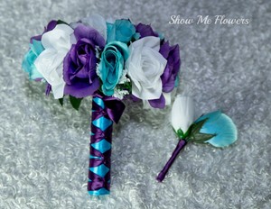 绿松石malibu 蓝色紫色白色玫瑰新娘婚礼花束新郎胸花 Ebay