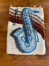 Vintage 1980s WOOL handmade hanging tapestry SAXOPHONE music 24" x 18"