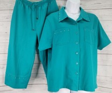 Blast Studio Small Petite 2 Pc Outfit Turquoise Studded Button Down Top Pants