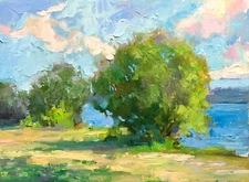 Summer windy tree original oil on canvas landscape impressionism art