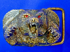 Attacking Angry Grizzly Bear Red Rhinestone Eyes Thick Heavy Artisan Belt Buckle
