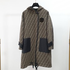 Fendi Black Brown Logo Print Wool Fur Trim Coat Sz.40