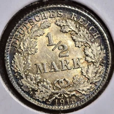 GERMAN 1/2 MARK 1918D Silver EMPIRE WW1 - GREAT 100+ Y/O COIN w/Rainbow Toning!