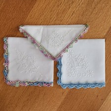Set of 3 Handmade Crochet-Edged Handkerchiefs