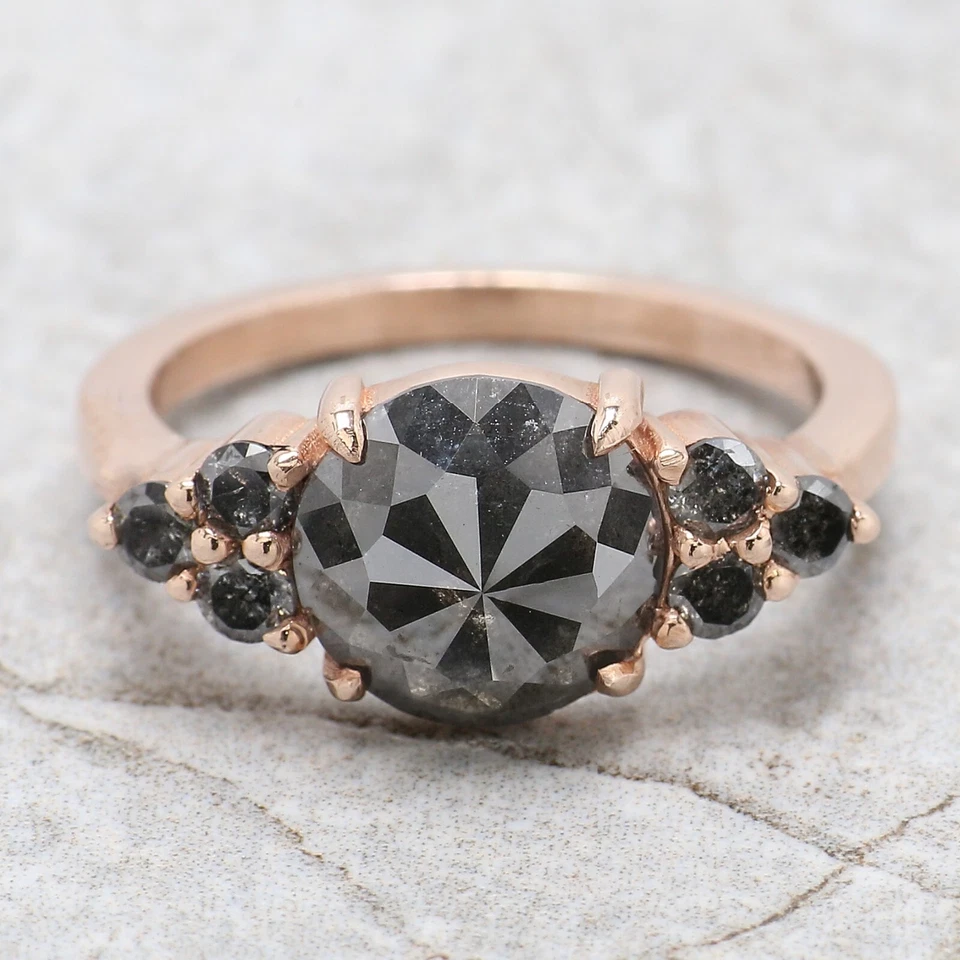 2.69 Ct Rose Cut Salt And Pepper Diamond Ring 14K Rose Gold Engagement Gift Ring - Image 4 of 4