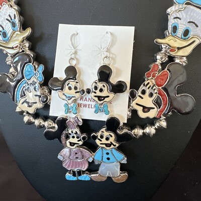 MICKEY MINNIE MOUSE ZUNI SQUASH BLOSSOM STERLING SILVER NECKLACE