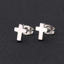 Surgical Steel Silver Small Cross Stud Earrings Christian Jewelry Men Women 2Pcs
