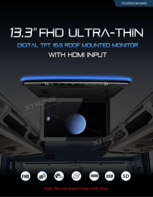 DACHMONITOR XTRONS CM136HD 13,3 ZOLL HDMI AVI MP3 USB SD 1080P 2 FARBEN