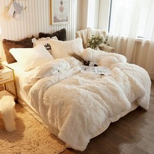 Twin Light Beige Faux Fur Duvet Cover Plush Comfortable Bedding Set