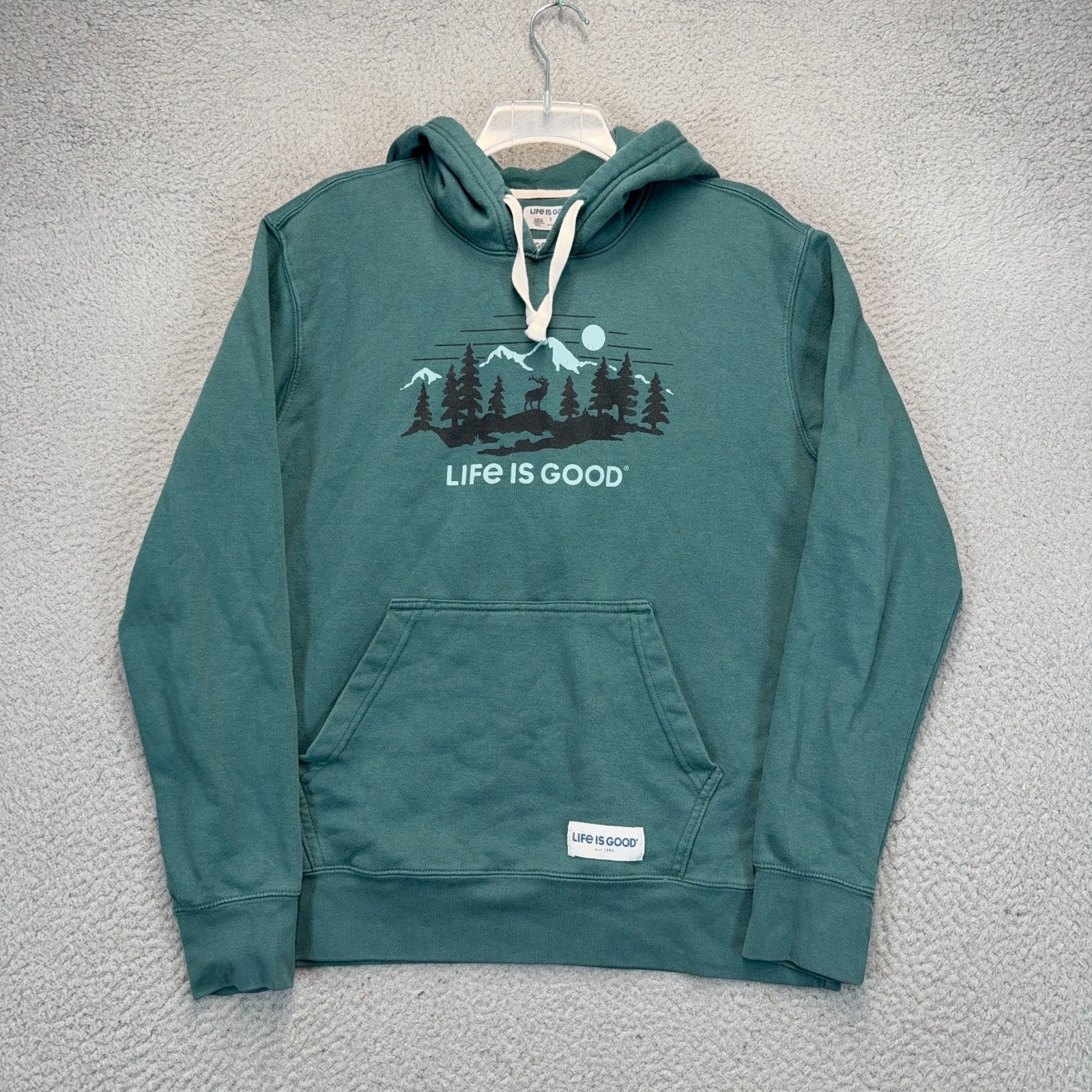 Life is Good Hoodie Mens Small Green Forest Mountains Graphic Print Outdoor
