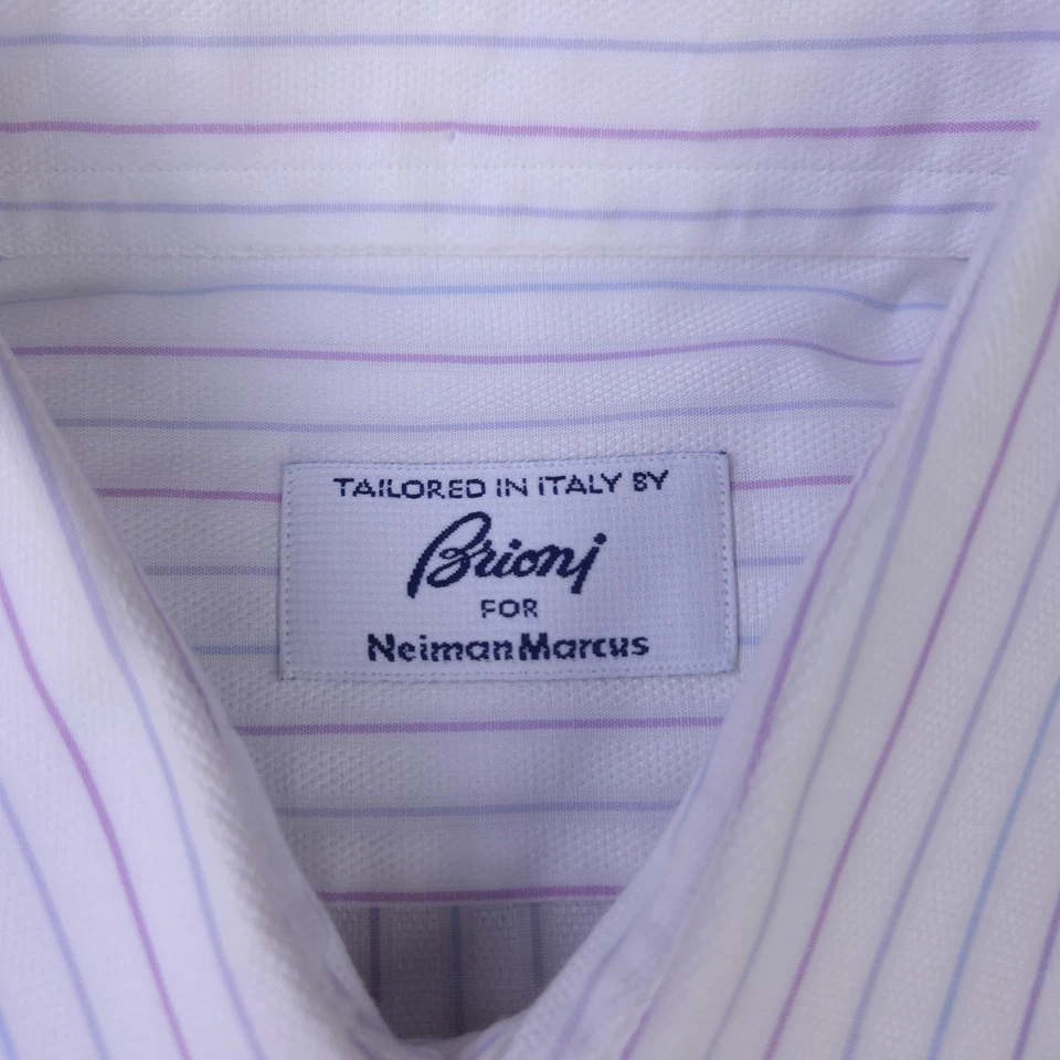 Camisa Brioni Para Hombre 16.5 Grande Manga Larga Vestido Botón Blanco Púrpura Rayas Italia Foto 4 de 4