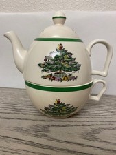 Spode Christmas Tree Tea for One Stacking Teapot  Cup Set Holiday China