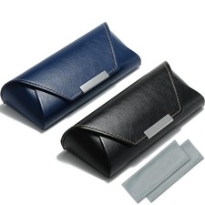 2 Pack Leather Hard Shell Glasses Case for Women Travel Black Blue NEW