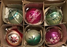 Vtg Shiny Brite Mercury Glass Christmas Ornaments size L 4" Tall Set of 6 w/ Box