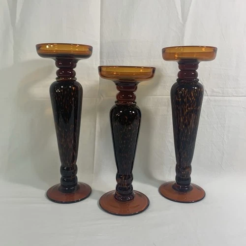 VTG Art Glass Ashtray Candle Holder Tortoise Shell MCM Murano Handblown Set Of 3