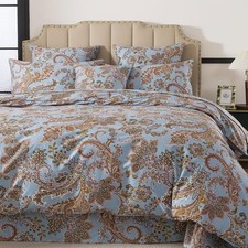 Queen Duvet Cover Set, 3-Piece 100 Cotton Bedding, Vintage Blue Paisley Print,